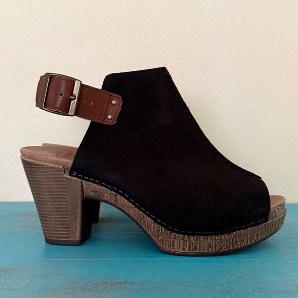 Dansko 'Reggie' Black Suede Peep Toe Booties Sling Back Heels Sz 40 US 9.5-10 - Picture 1 of 9
